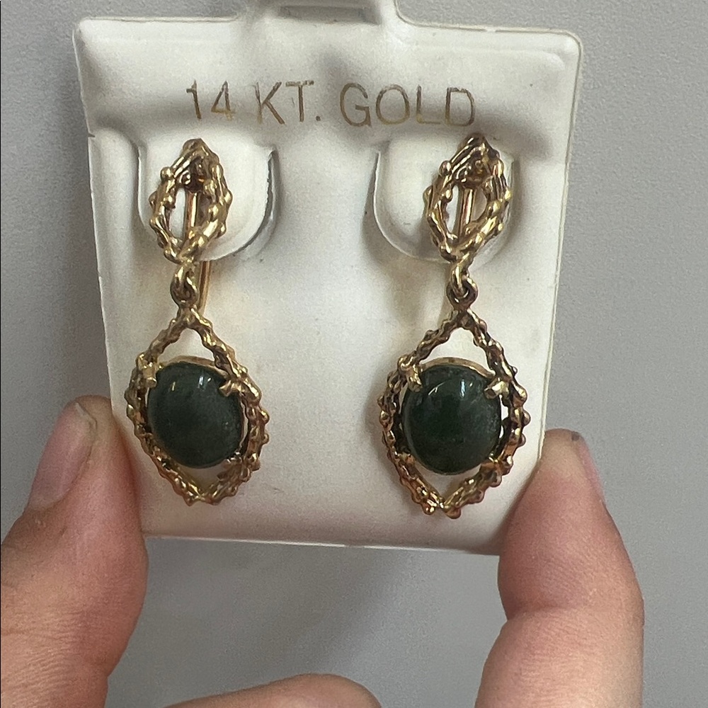 14K Gold Drop Earrings with Dark Green Stone